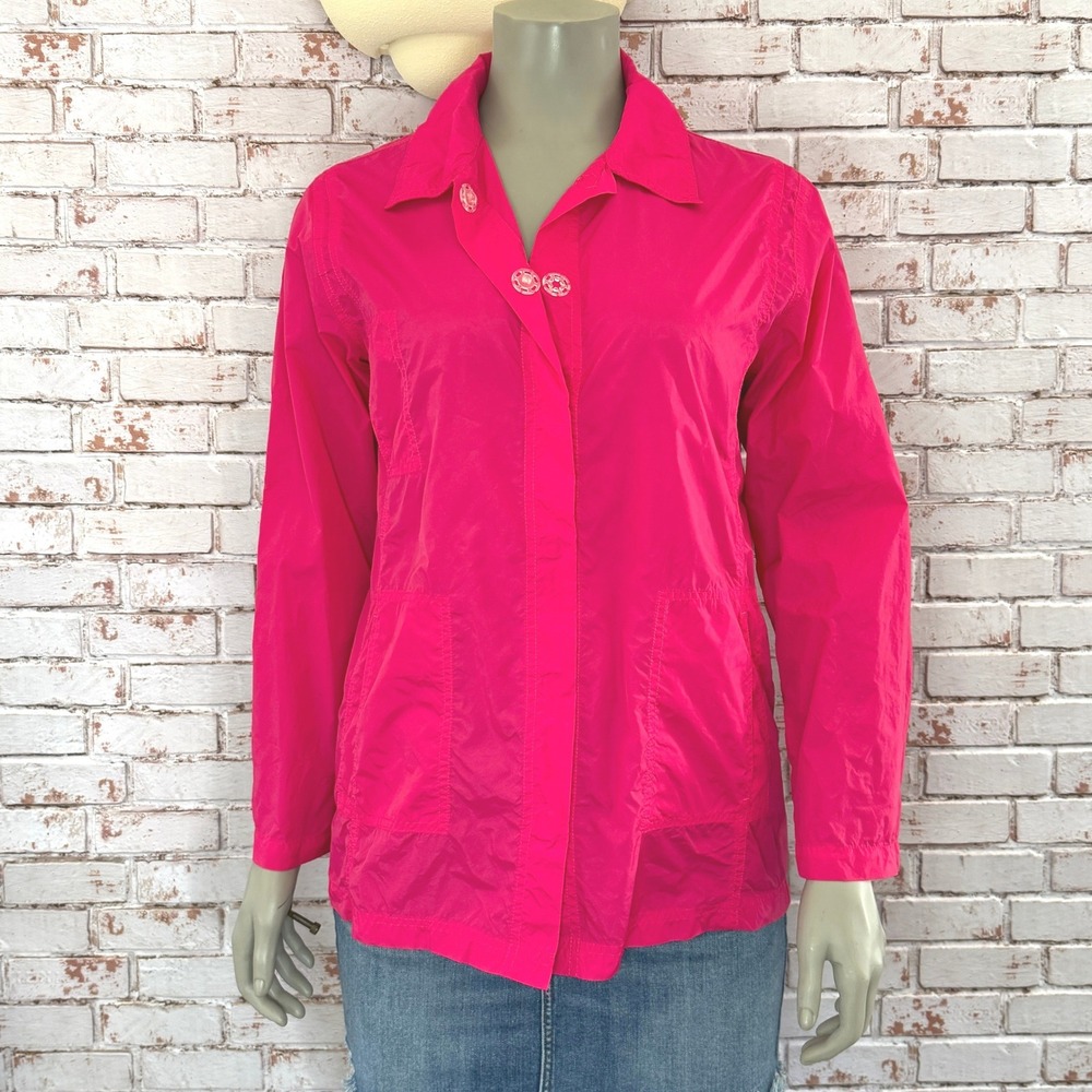 Chico's Lightweight Nylon Utility Safari Jacket Windbreaker Size 1 Hot Pink Snap